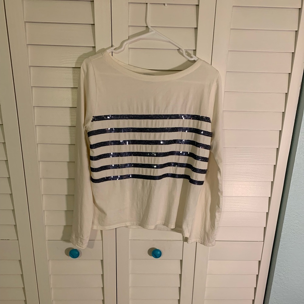 J Crew Cream Top Long Sleeve with Black Sequin Stripes XS